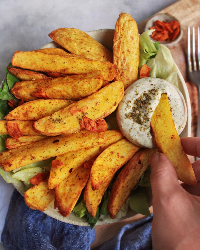 Golden Air Fryer Chips | Cashew Parmesan & Coconut Bacon