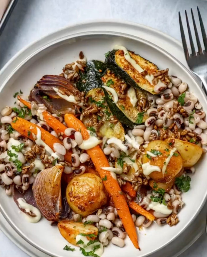Mediterranean Baked Veggies with Black Eyed Beans | Vegan Aioli & Spiced Sprouted Sunflower Seeds