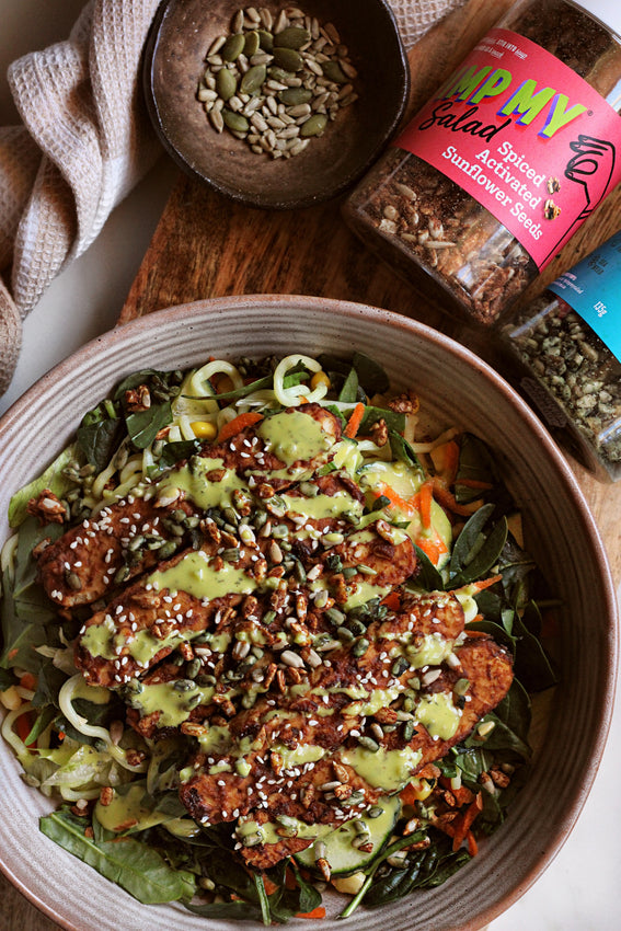 Healthy Tempeh Noodle Salad with Spiced Sunflower Seeds and Seaweed Superfood Salad Toppers