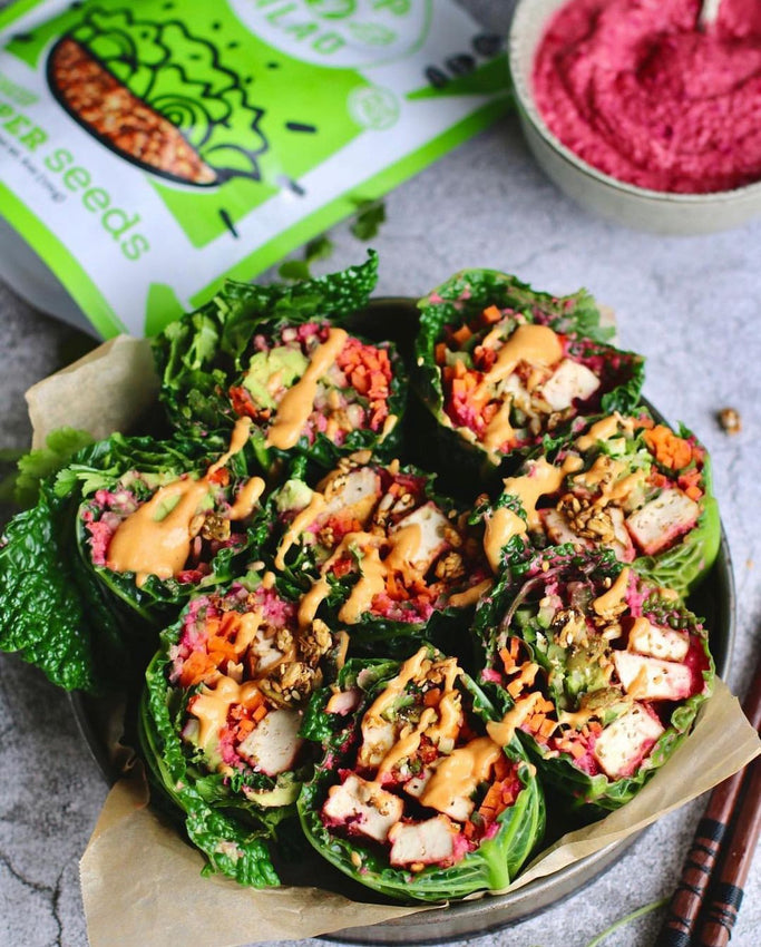 Baked Tofu Cabbage Rolls with Beet Hummus | Super Seeds