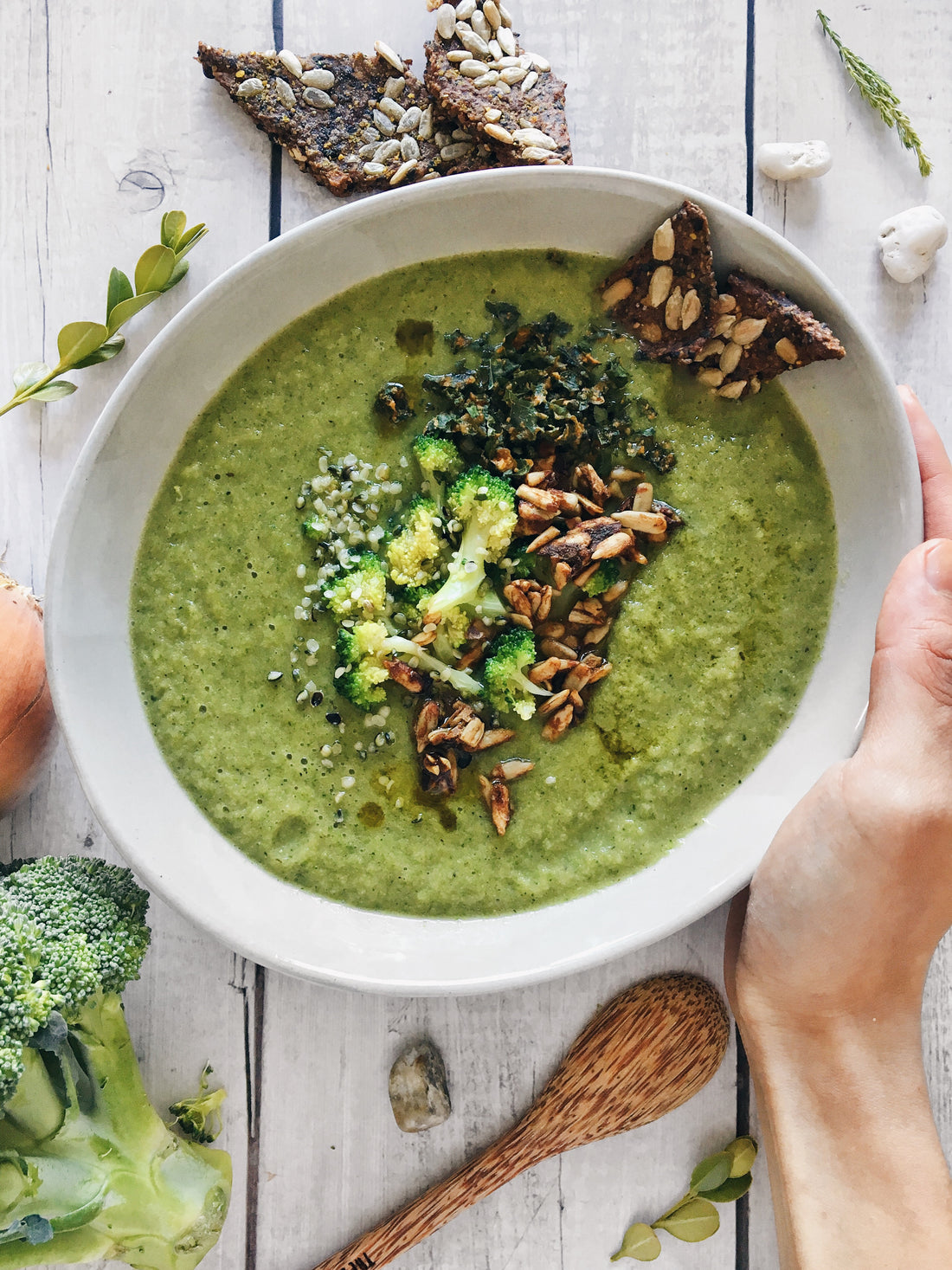 Vegan Broccoli Chowder | Topped with Spiced Sprouted Sunflower Seeds
