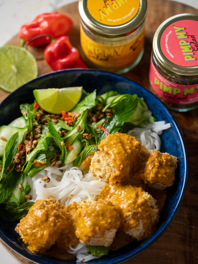 Cashew Parmesan Crumbed Tofu With Satay Thai Noodle Salad | Spiced Sprouted Sunflower Seeds