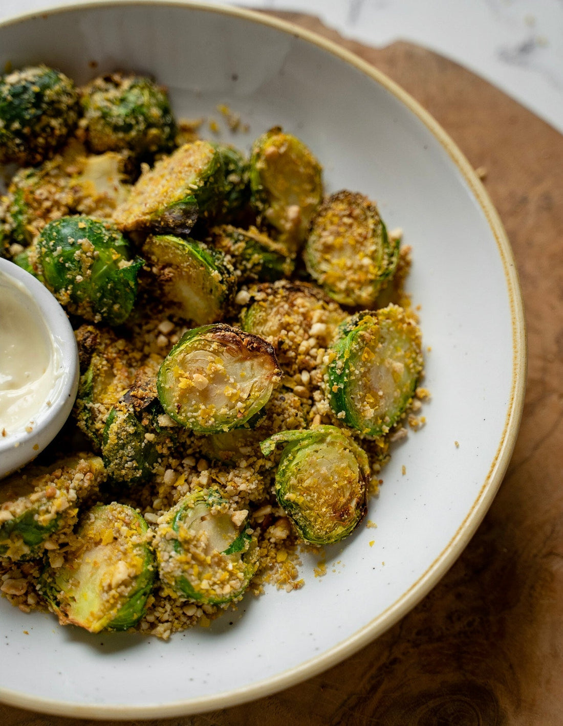 Vegan Cheesy Brussels Sprouts | Cashew Parmesan & Vegan Aioli